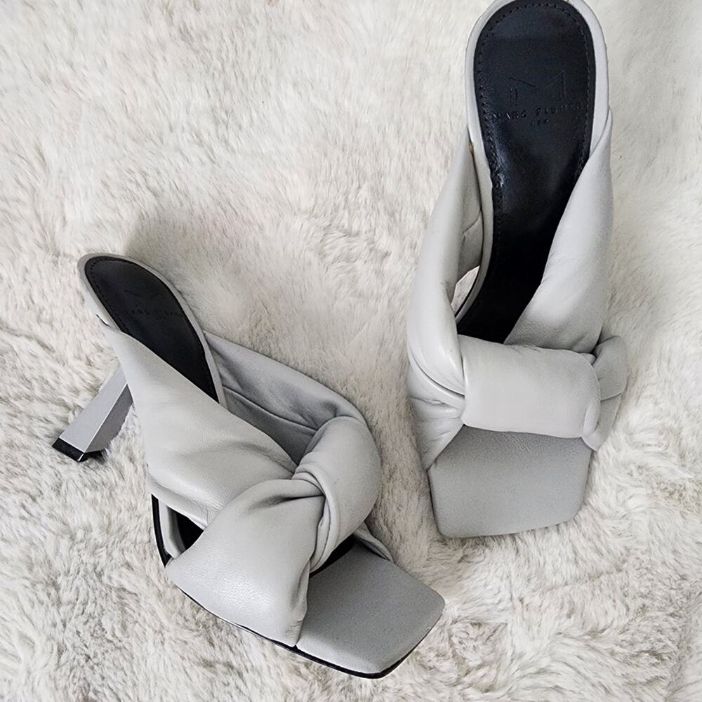 Marc Fisher Dellian Gray Knotted Leather Heels - Square Toe Chunky Heel Pumps 6